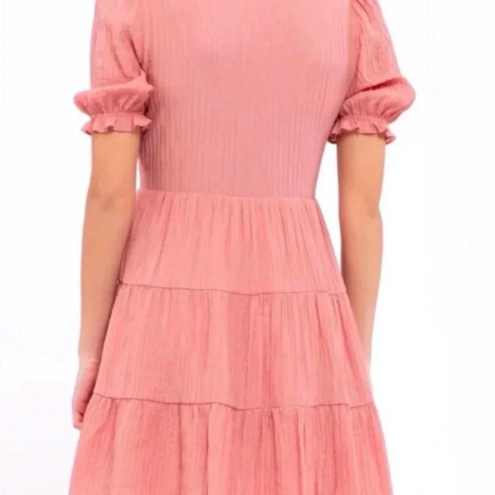 Mine Pink Rose Puff Sleeves Tiered Midi Casual Dress Women’s Small - Picture 4 of 12